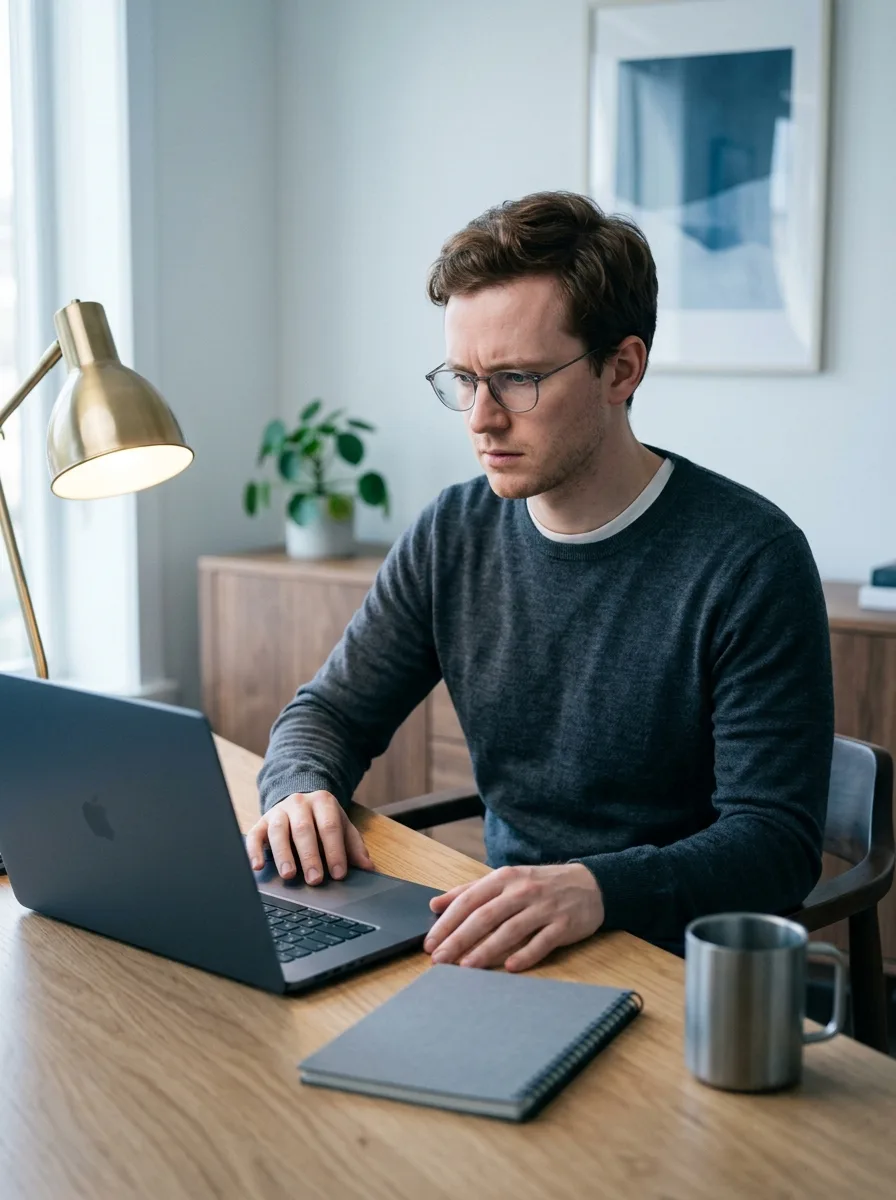 Mathieu, jeune comptable au phénotype européen, assis à son bureau home-office face à son ordinateur portable.