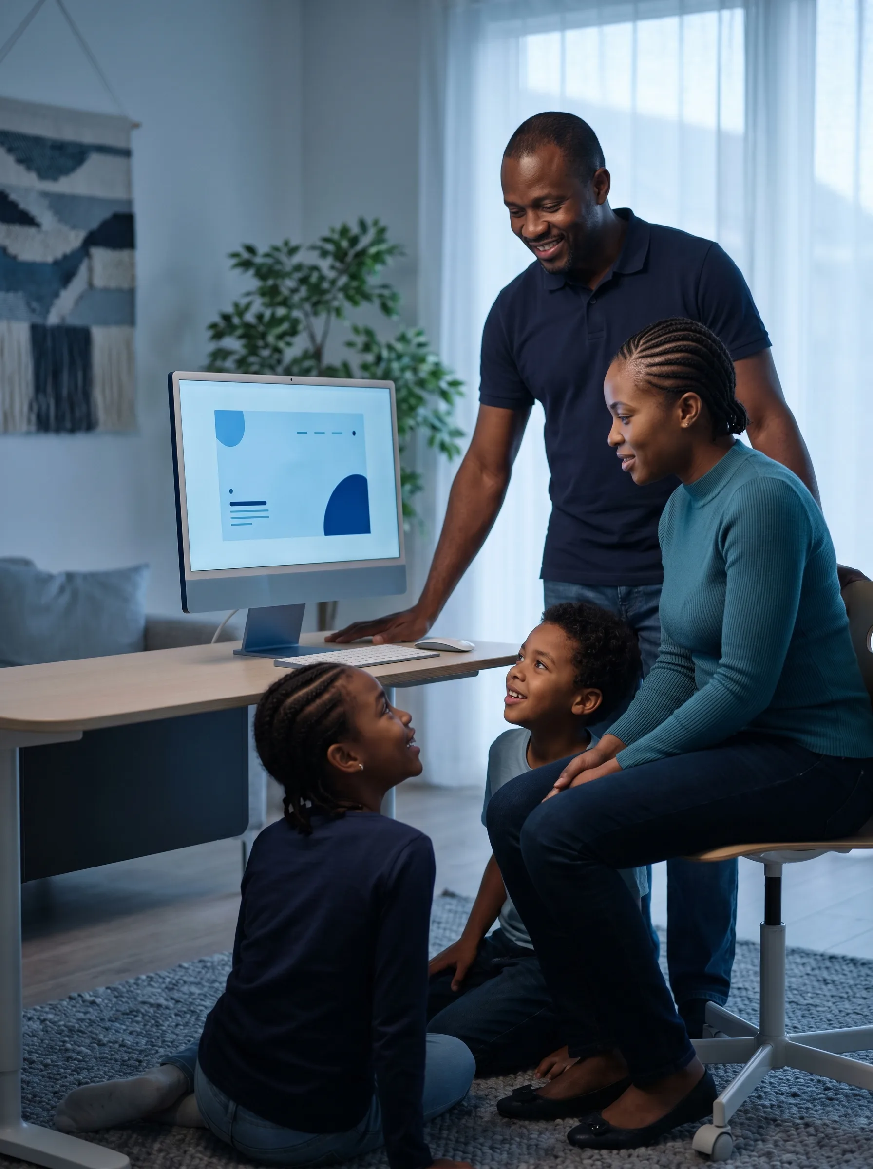 Foyer Diallo, famille au phénotype ouest-africain, regroupée dans le salon autour d'un nouveau PC familial.